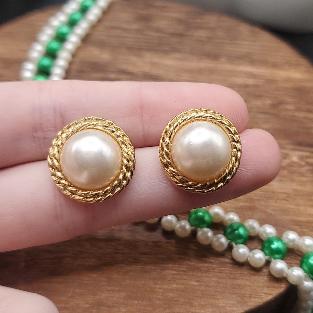 E957 faux pearl bulb estate rope earrings for pierced ears